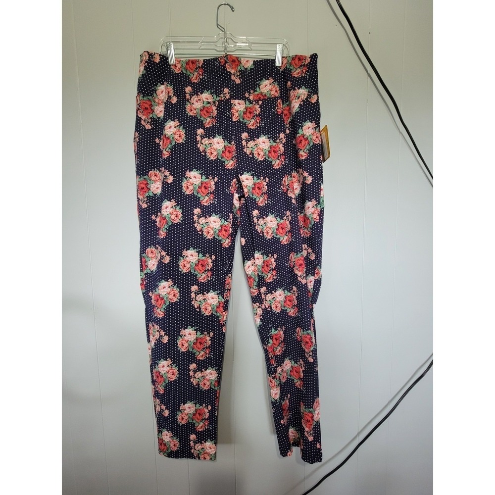 Hybrid & Company Women 2X Floral Polka Dot Pull On Pants Navy Blue Pink Rose NEW